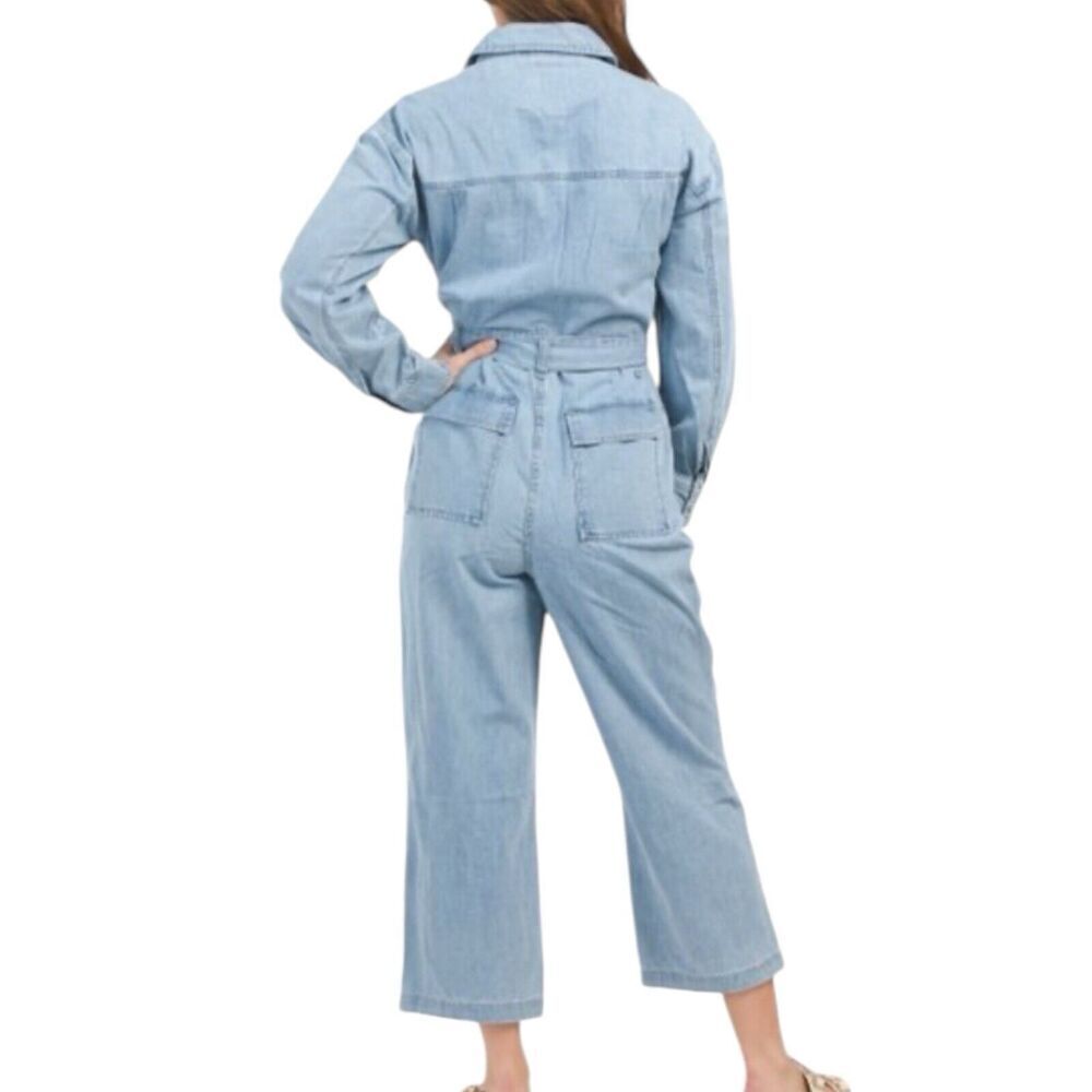 OAT Denim Cropped Jumpsuit WMNS L Blue Waist Tie Button Up Patch Pocket New York - Picture 4 of 5